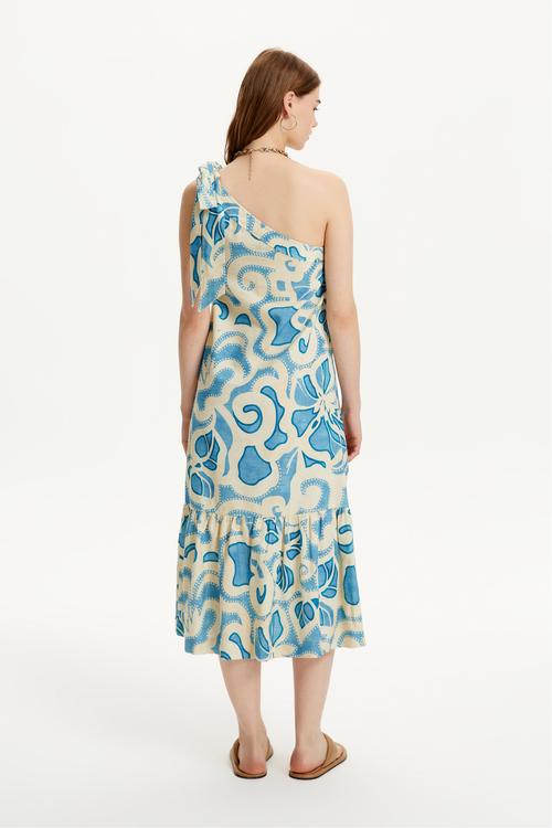  TEK OMUZ KETEN KARIŞIMLI MİDİ ELBİSE