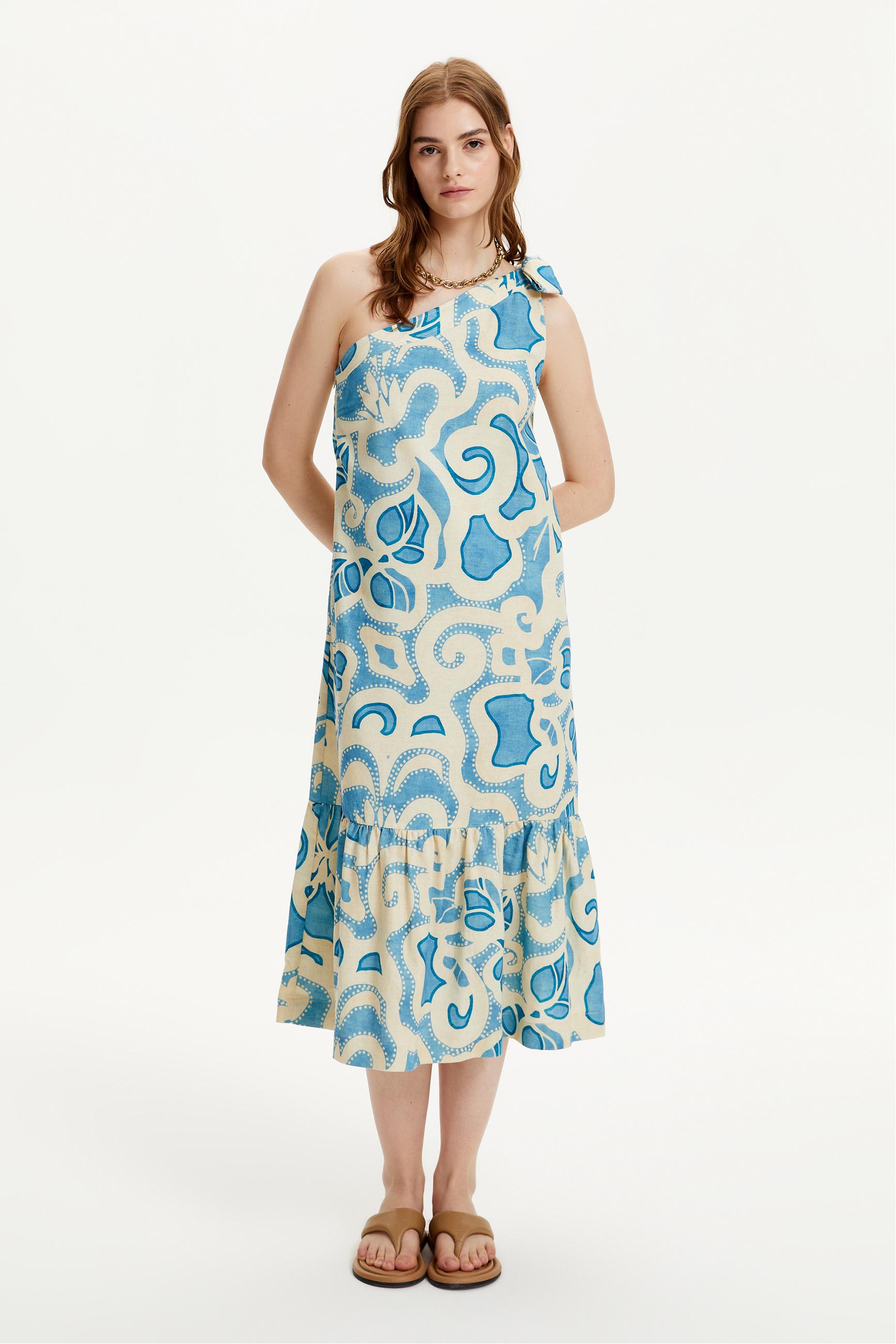 TEK OMUZ KETEN KARIŞIMLI MİDİ ELBİSE