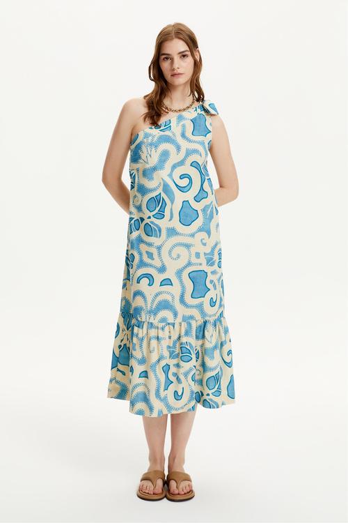  TEK OMUZ KETEN KARIŞIMLI MİDİ ELBİSE