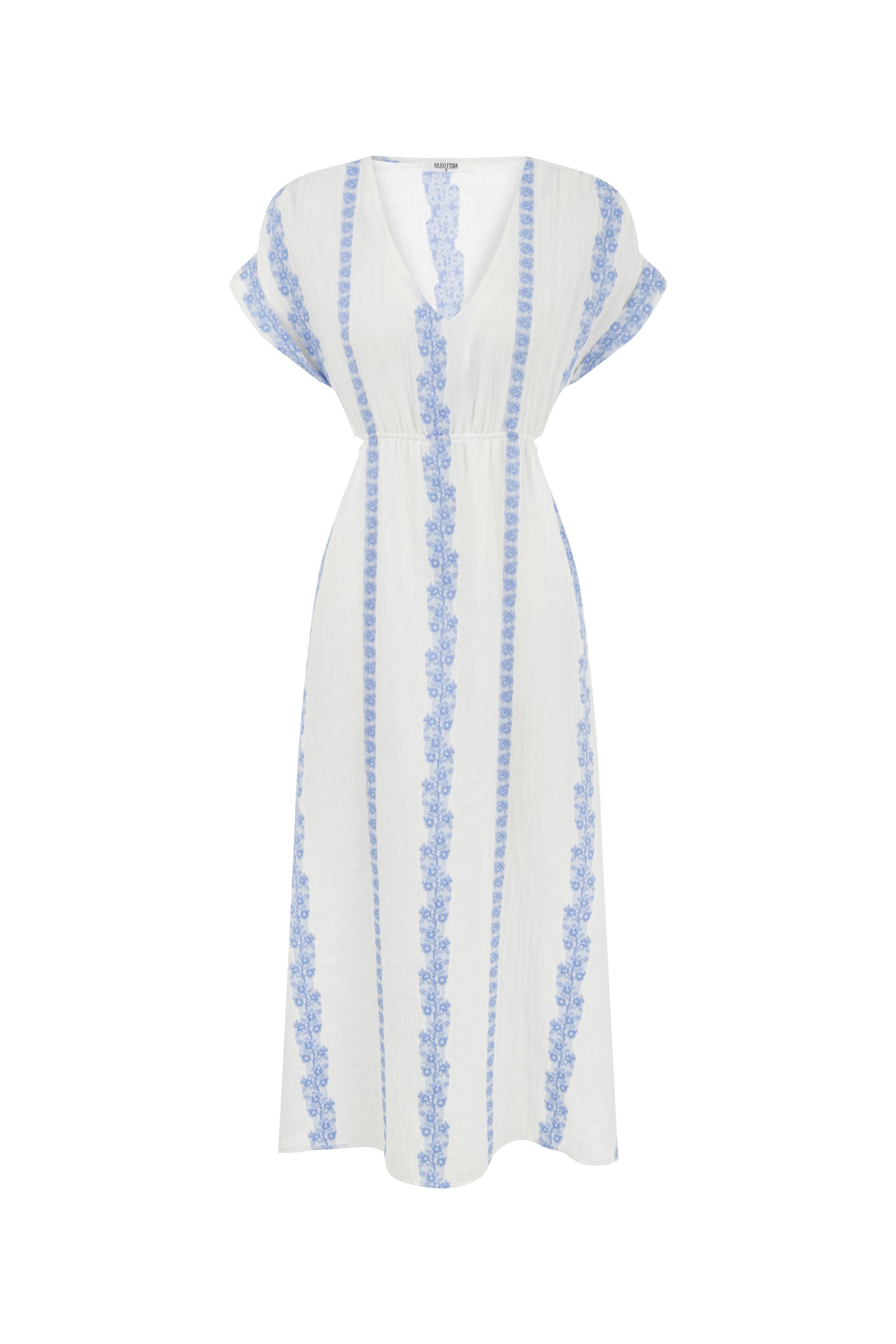 ÇİÇEK NAKIŞLI V YAKA MİDİ ELBİSE