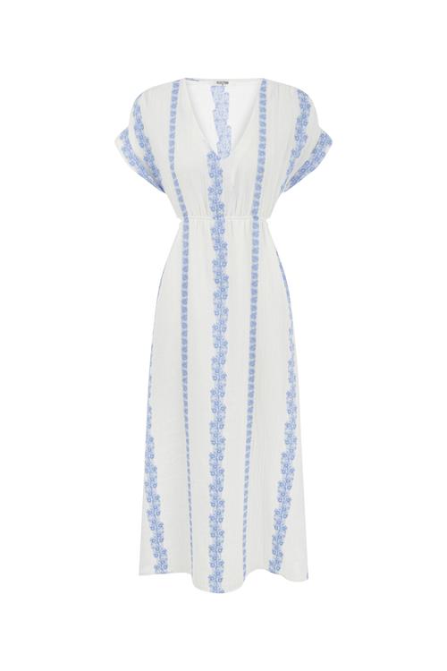  ÇİÇEK NAKIŞLI V YAKA MİDİ ELBİSE