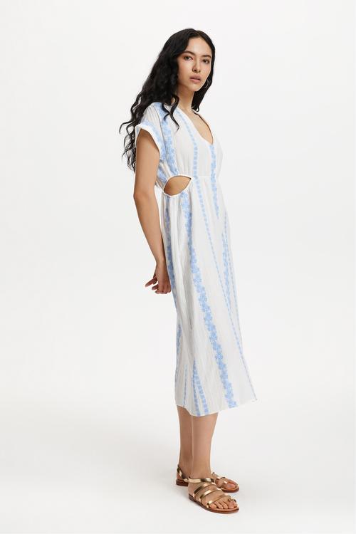  ÇİÇEK NAKIŞLI V YAKA MİDİ ELBİSE