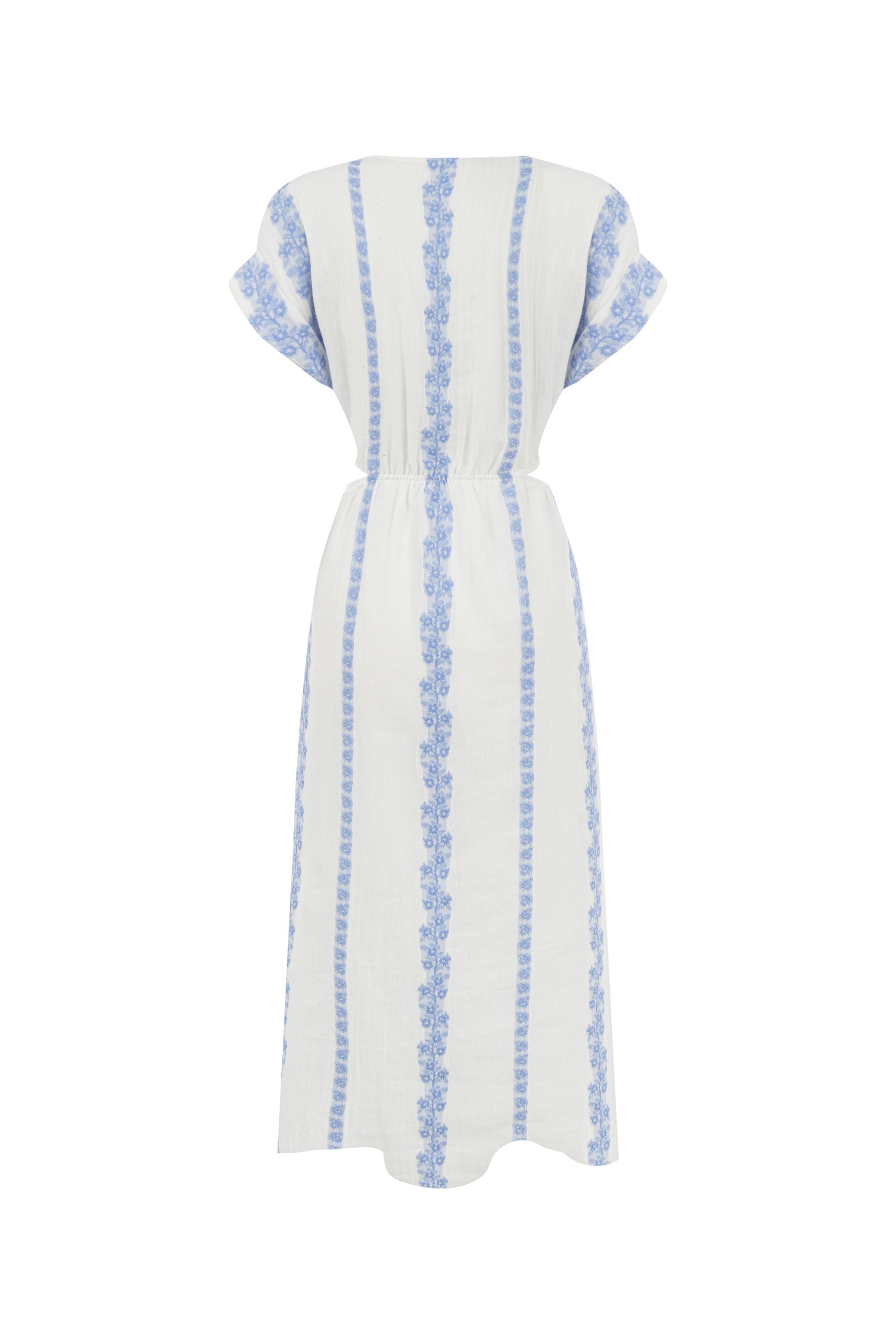 ÇİÇEK NAKIŞLI V YAKA MİDİ ELBİSE