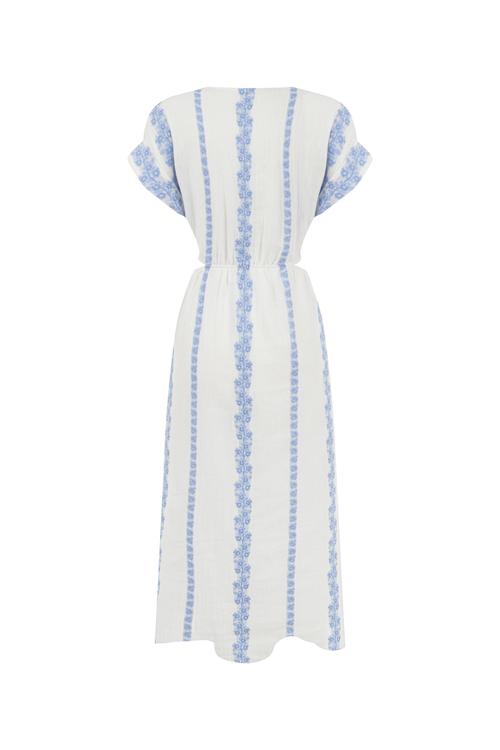  ÇİÇEK NAKIŞLI V YAKA MİDİ ELBİSE