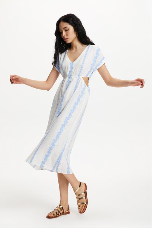  ÇİÇEK NAKIŞLI V YAKA MİDİ ELBİSE