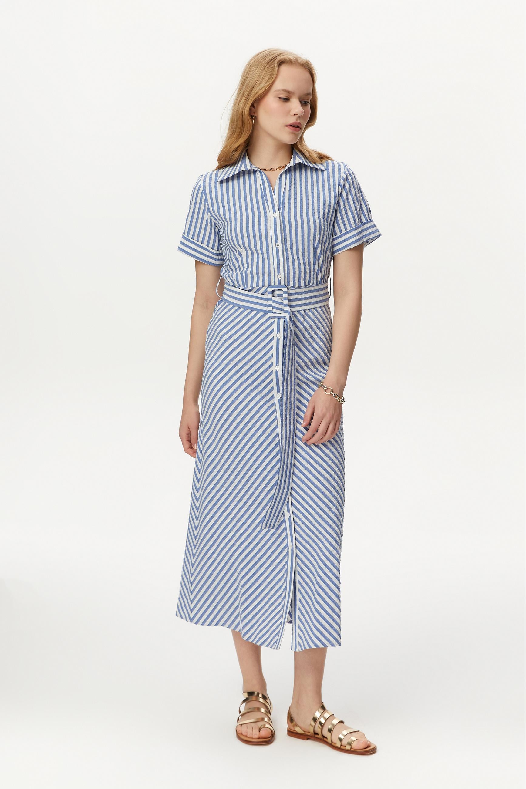 ÇİZGİLİ KISA KOLLU MİDİ ELBİSE