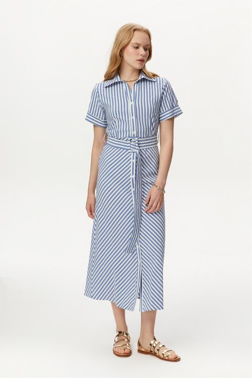  ÇİZGİLİ KISA KOLLU MİDİ ELBİSE