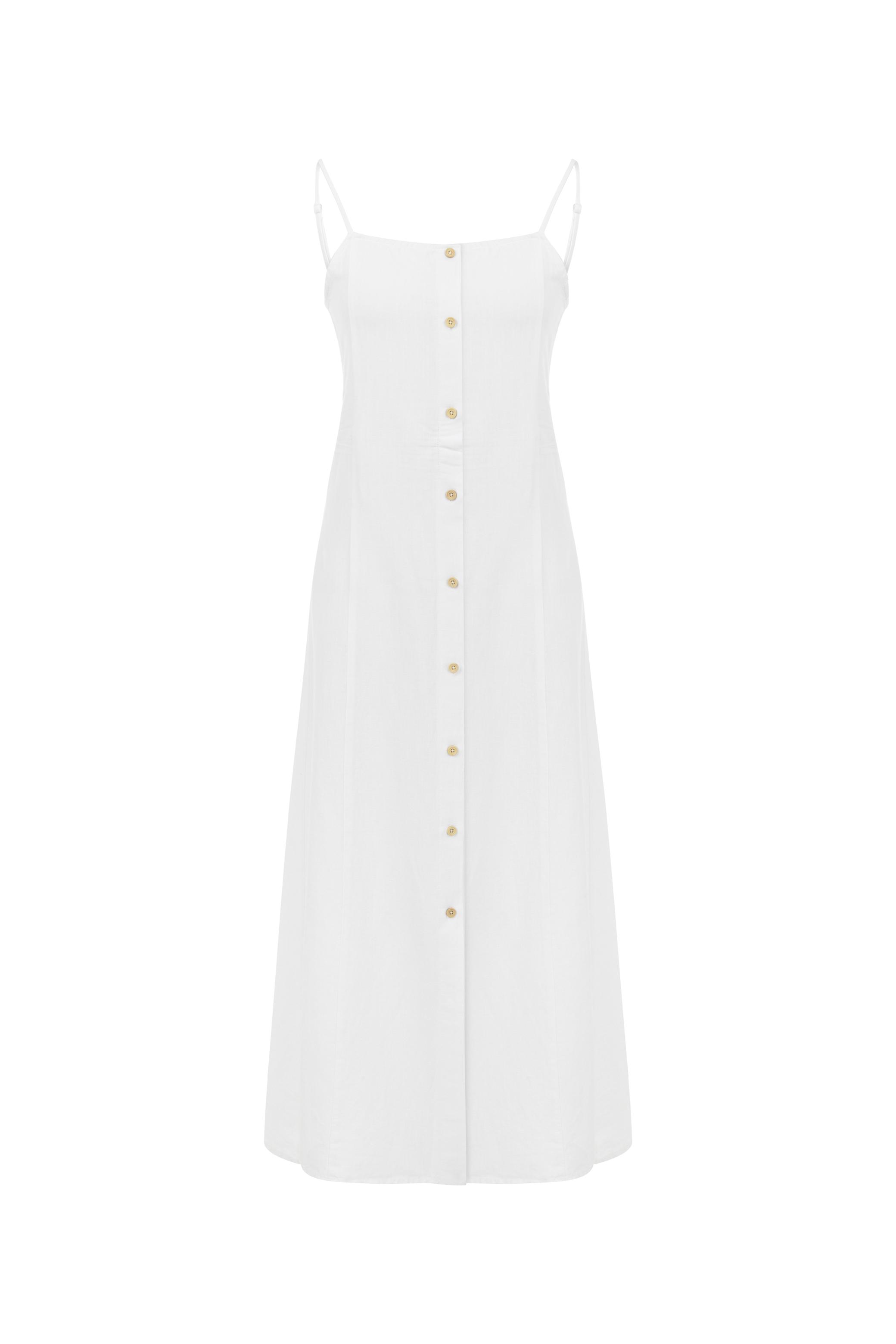 KETEN KARIŞIMLI ASKILI A FORM MİDİ ELBİSE