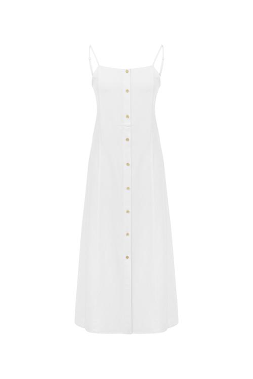  KETEN KARIŞIMLI ASKILI A FORM MİDİ ELBİSE