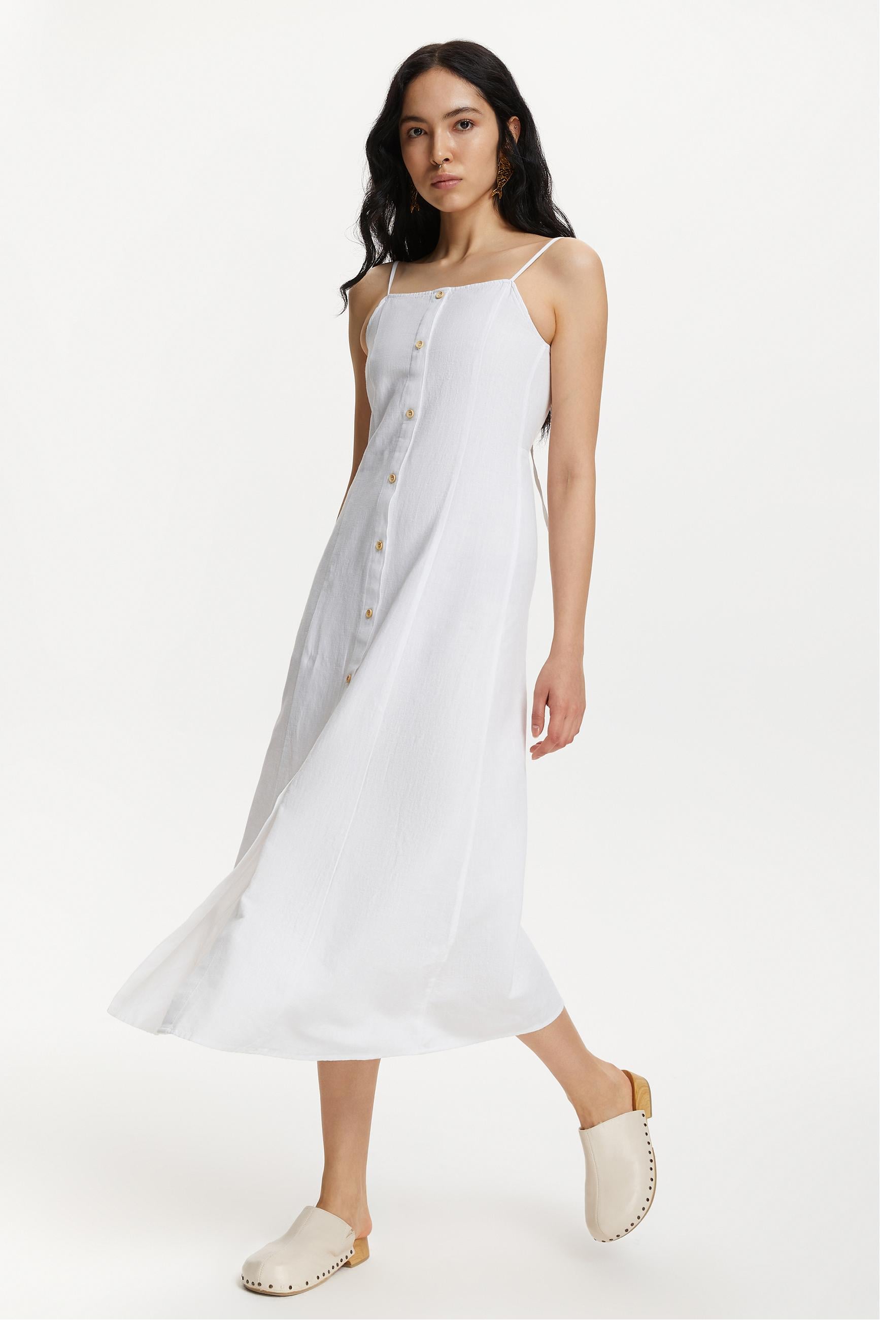 KETEN KARIŞIMLI ASKILI A FORM MİDİ ELBİSE