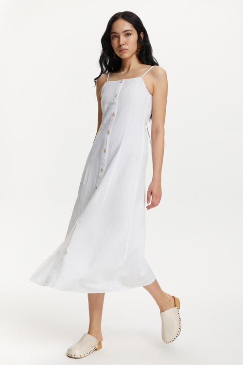  KETEN KARIŞIMLI ASKILI A FORM MİDİ ELBİSE