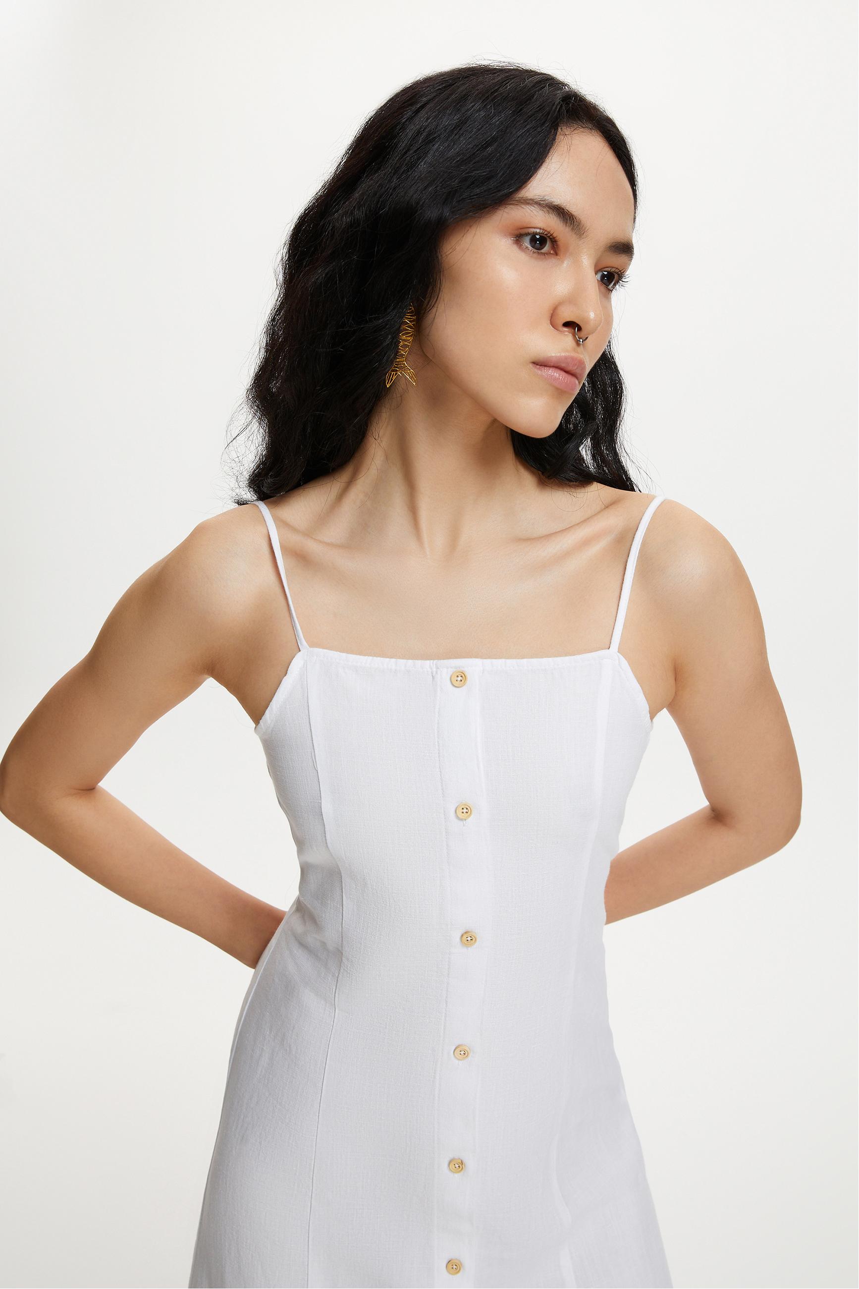 KETEN KARIŞIMLI ASKILI A FORM MİDİ ELBİSE