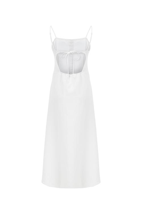  KETEN KARIŞIMLI ASKILI A FORM MİDİ ELBİSE