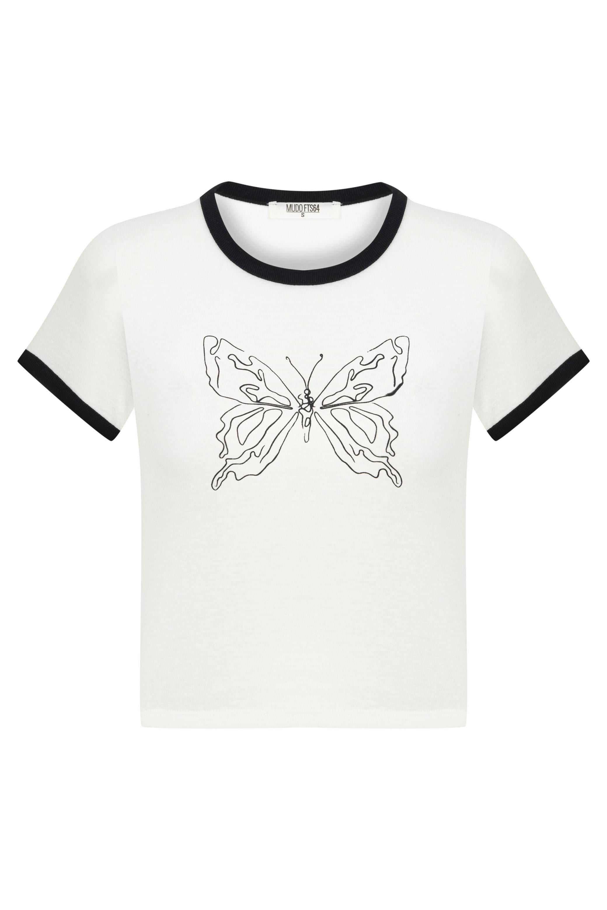 KELEBEK BASKILI BİSİKLET YAKA T-SHIRT