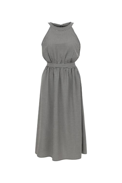  PÖTİKARELİ HALTER YAKA MİDİ ELBİSE