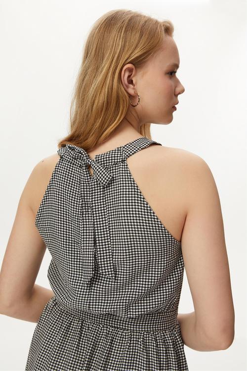  PÖTİKARELİ HALTER YAKA MİDİ ELBİSE