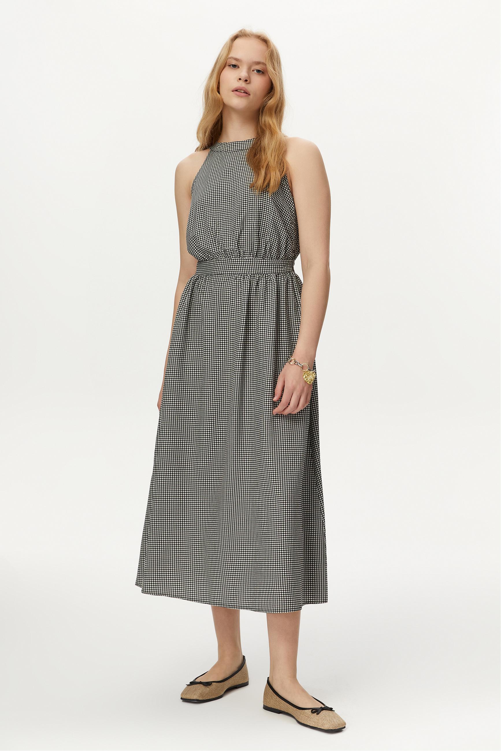 PÖTİKARELİ HALTER YAKA MİDİ ELBİSE