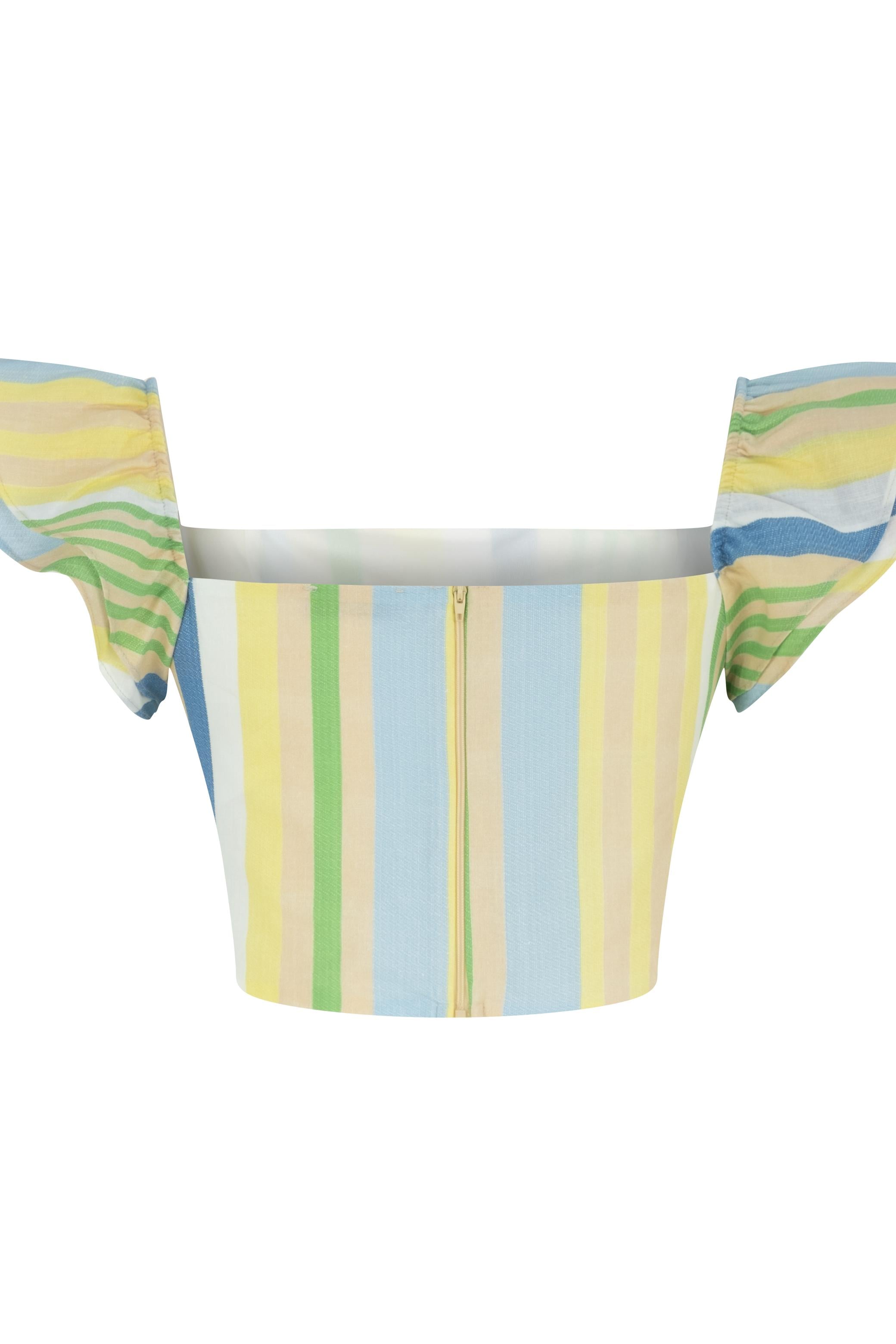 DÜŞÜK OMUZ VOLAN DETAYLI ÇİZGİLİ CROP BLUZ