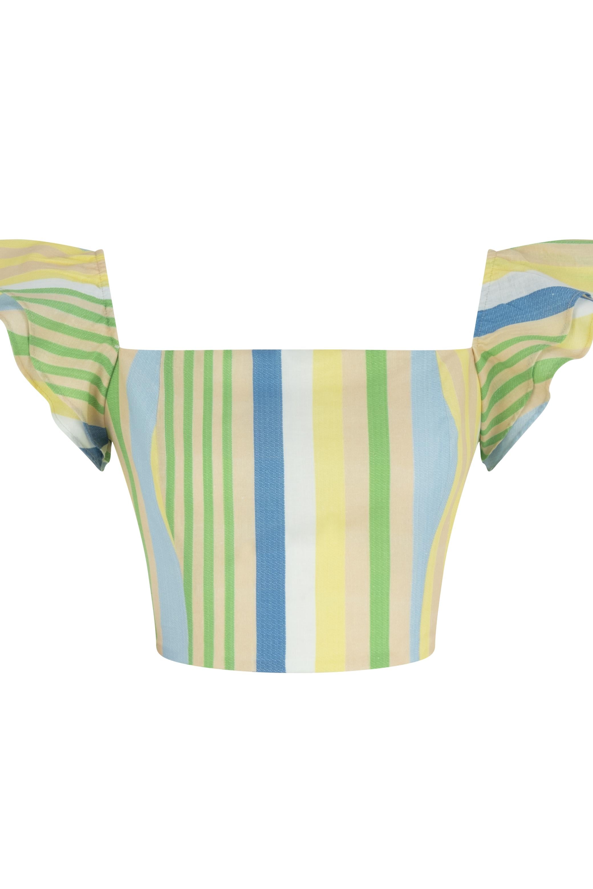 DÜŞÜK OMUZ VOLAN DETAYLI ÇİZGİLİ CROP BLUZ