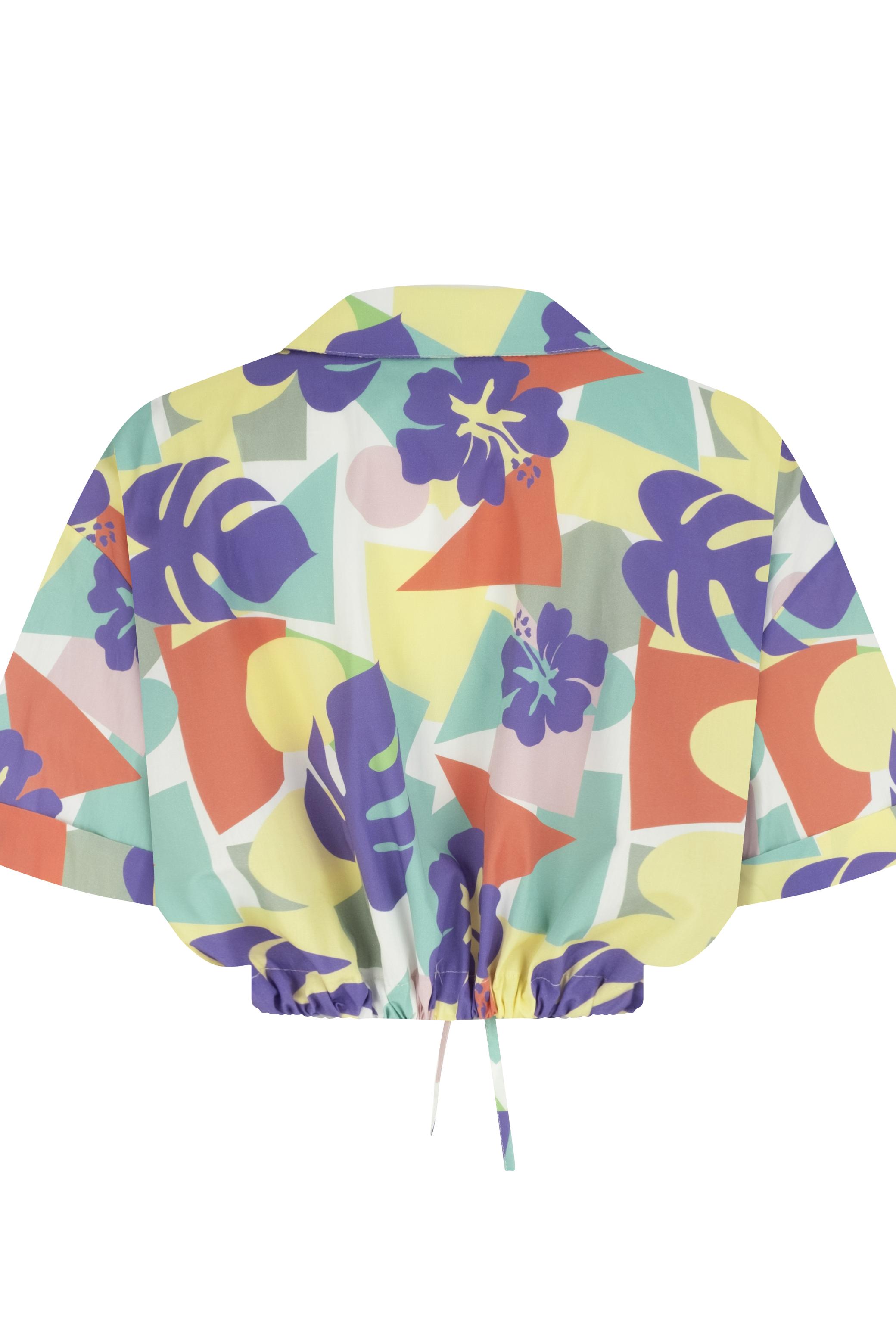 DESENLİ BELİ LASTİKLİ CROP GÖMLEK