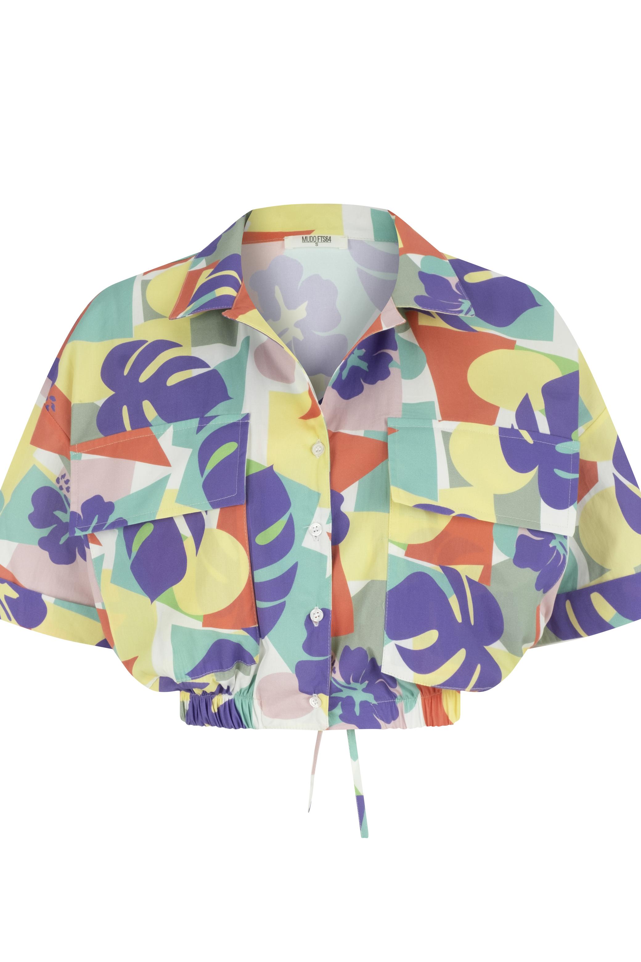 DESENLİ BELİ LASTİKLİ CROP GÖMLEK