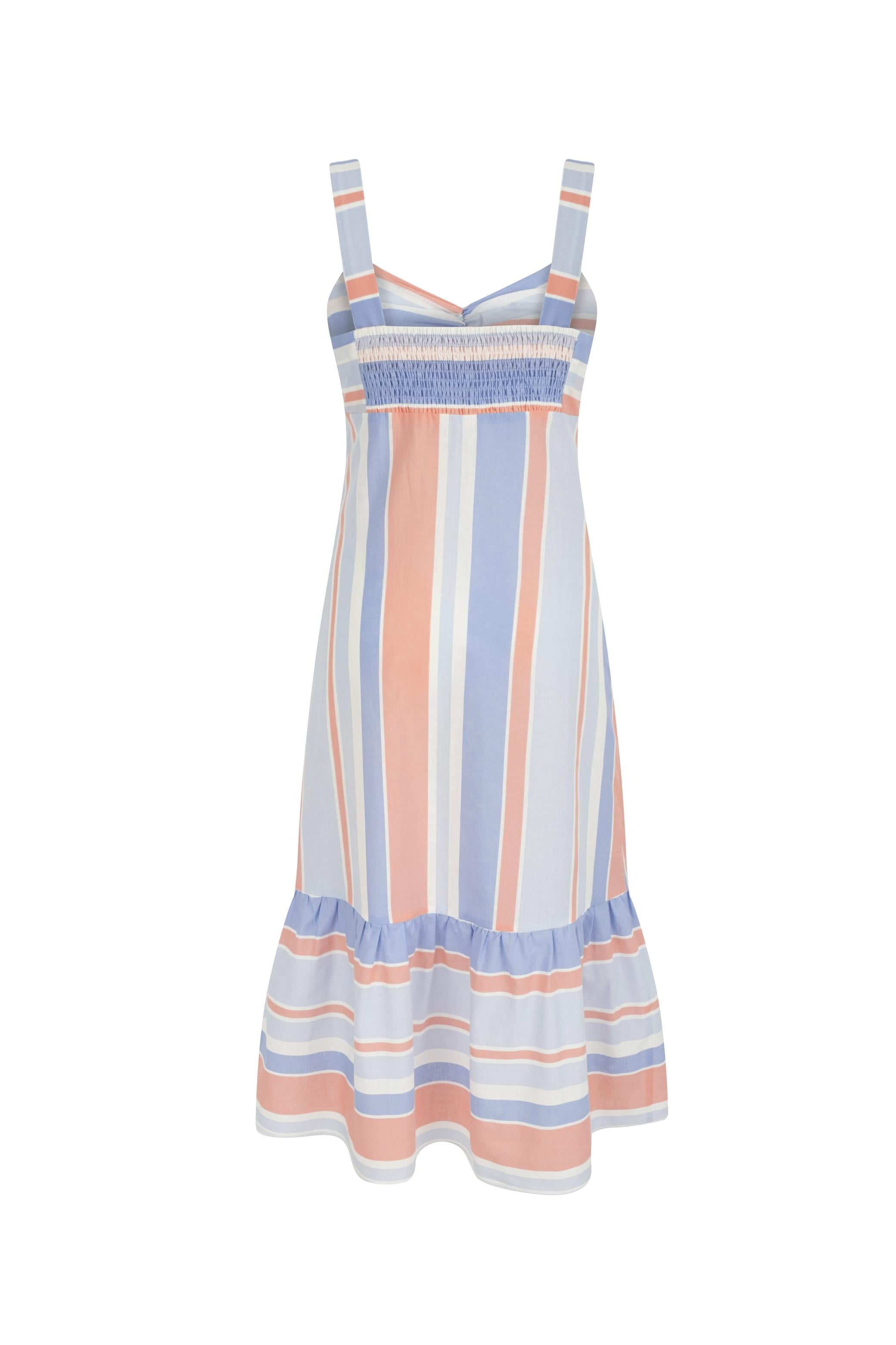 ÇİZGİLİ VOLAN DETAYLI MİDİ ELBİSE