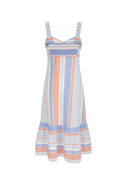  ÇİZGİLİ VOLAN DETAYLI MİDİ ELBİSE