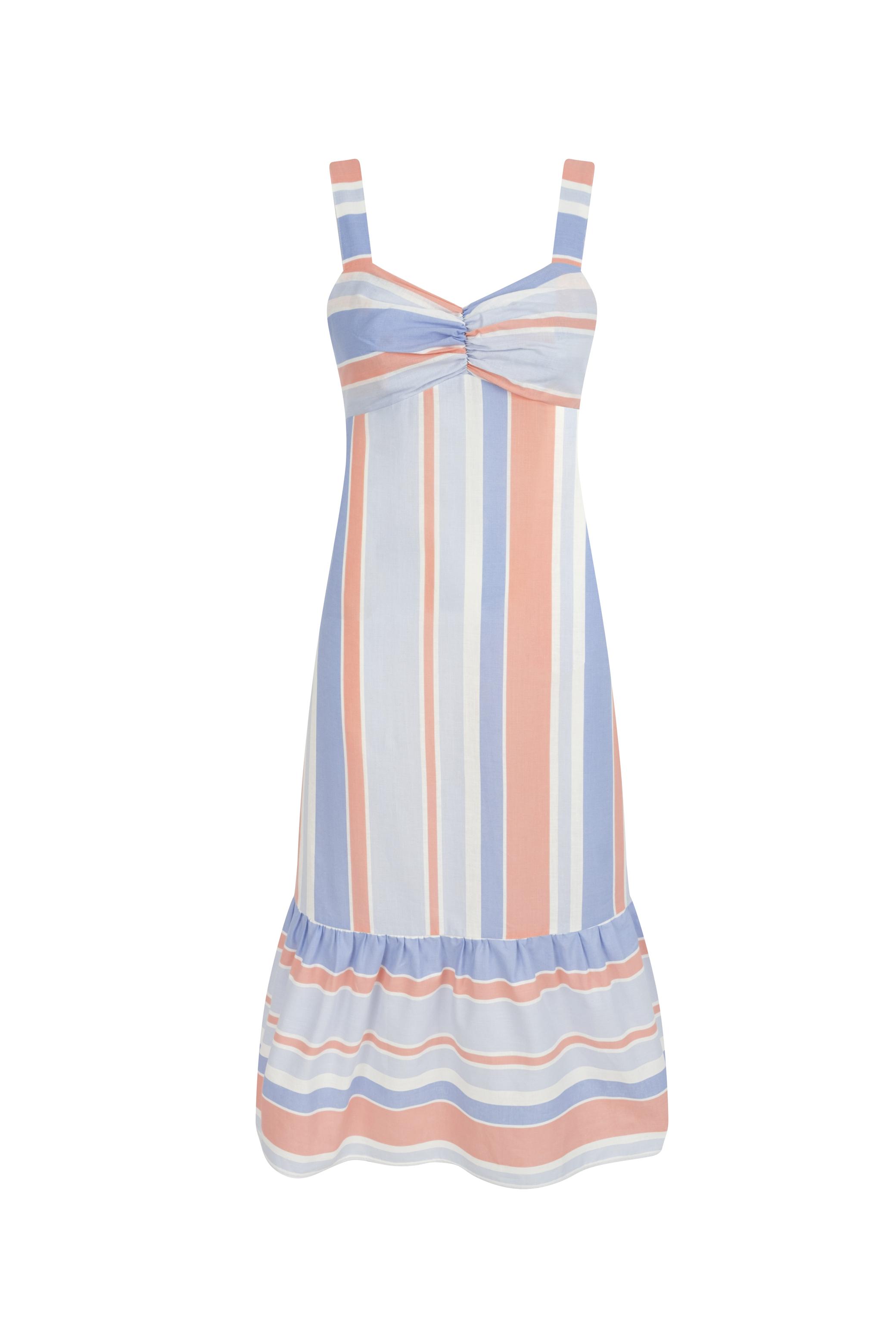 ÇİZGİLİ VOLAN DETAYLI MİDİ ELBİSE