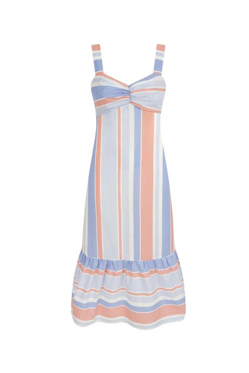  ÇİZGİLİ VOLAN DETAYLI MİDİ ELBİSE