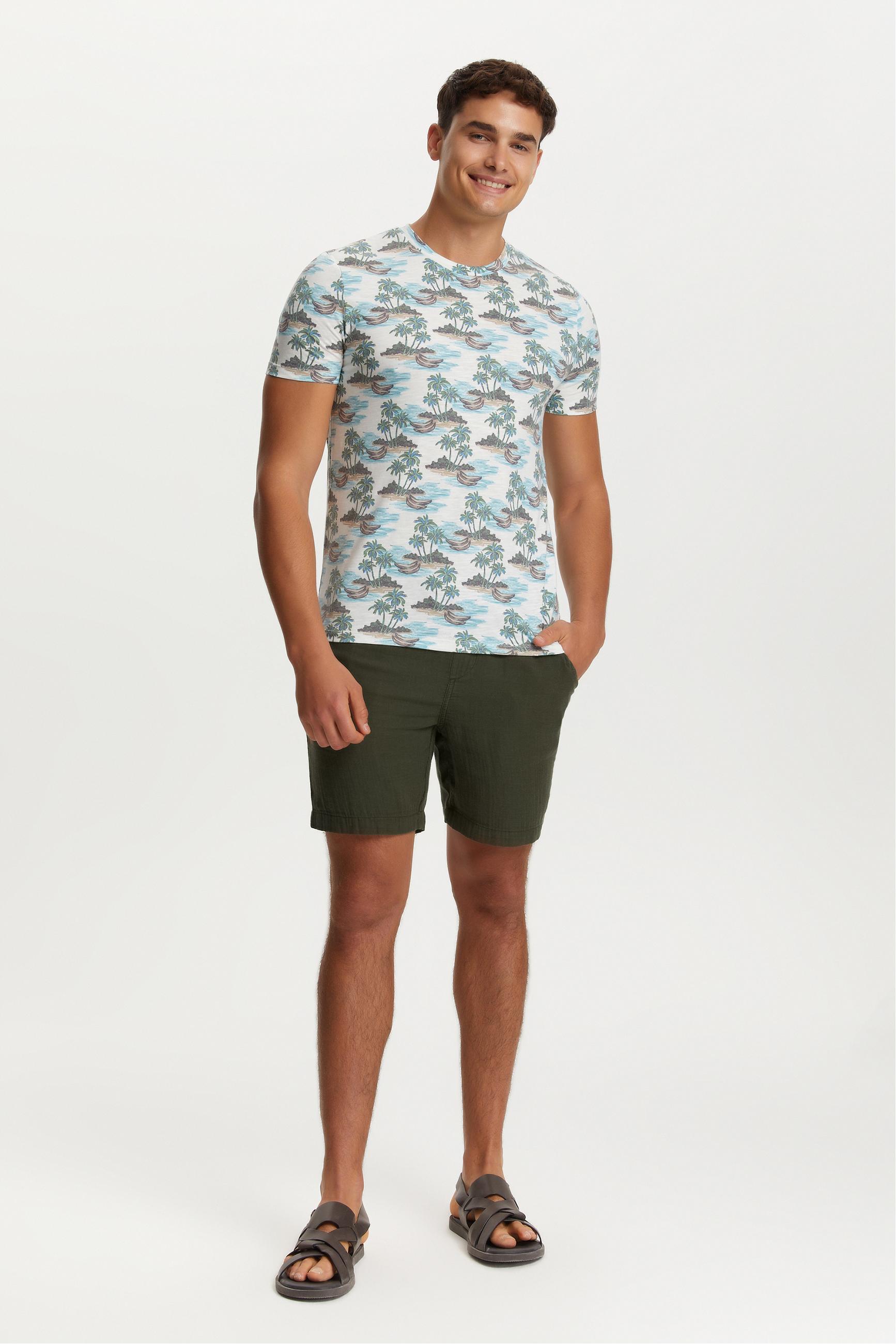 PALMİYE BASKILI BİSİKLET YAKA KISA KOLLU T-SHIRT