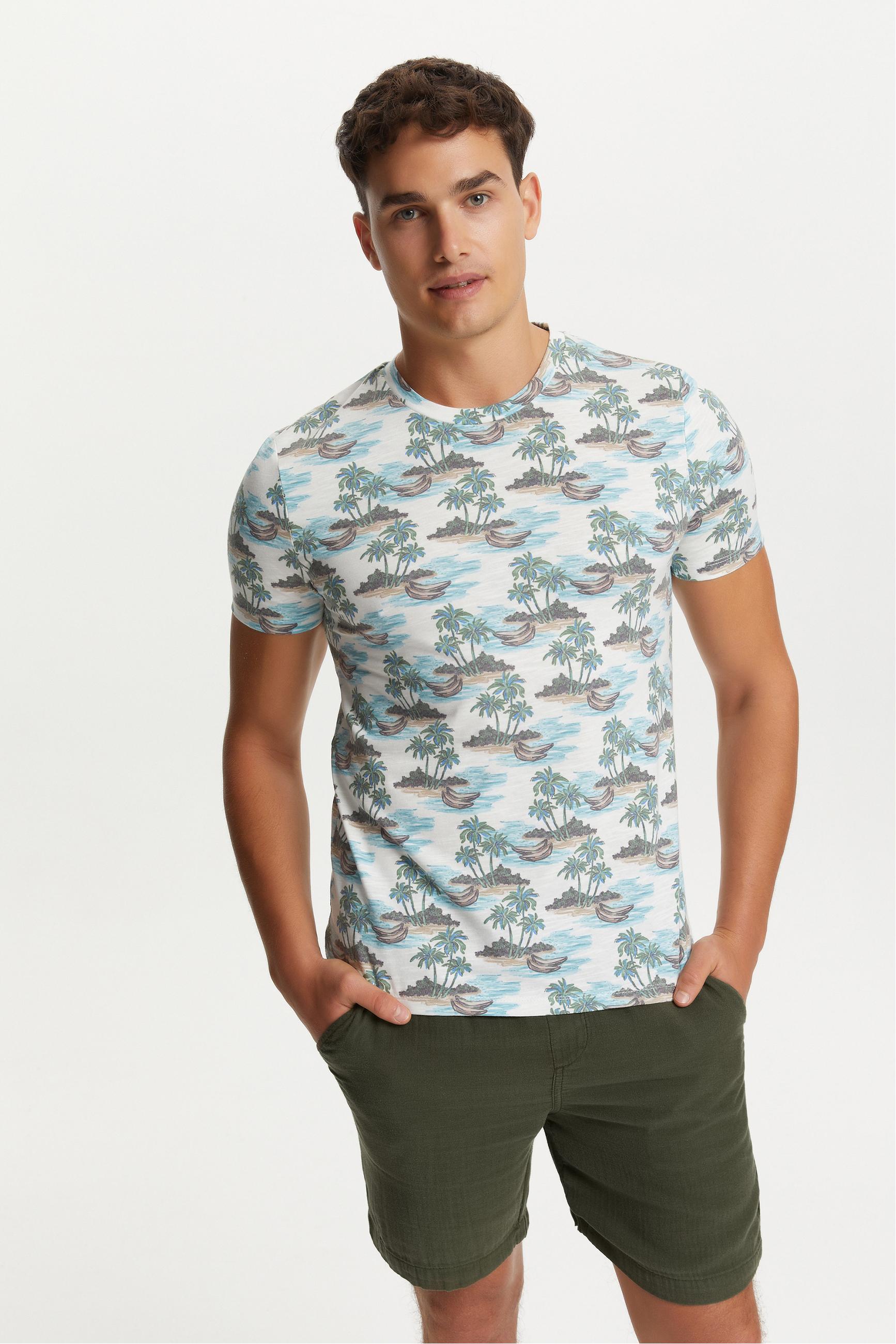 PALMİYE BASKILI BİSİKLET YAKA KISA KOLLU T-SHIRT