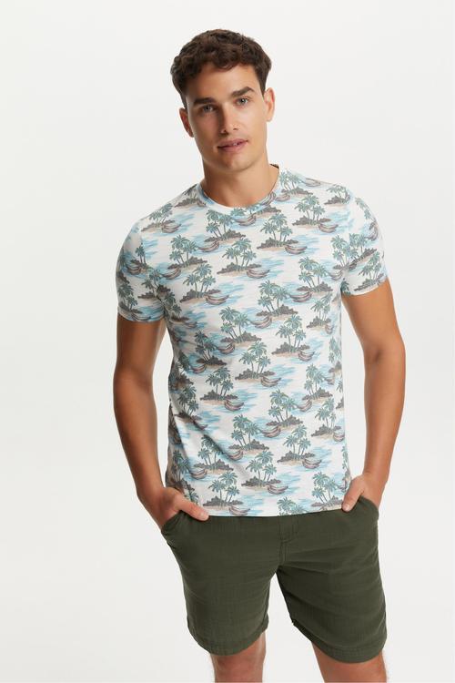  PALMİYE BASKILI BİSİKLET YAKA KISA KOLLU T-SHIRT