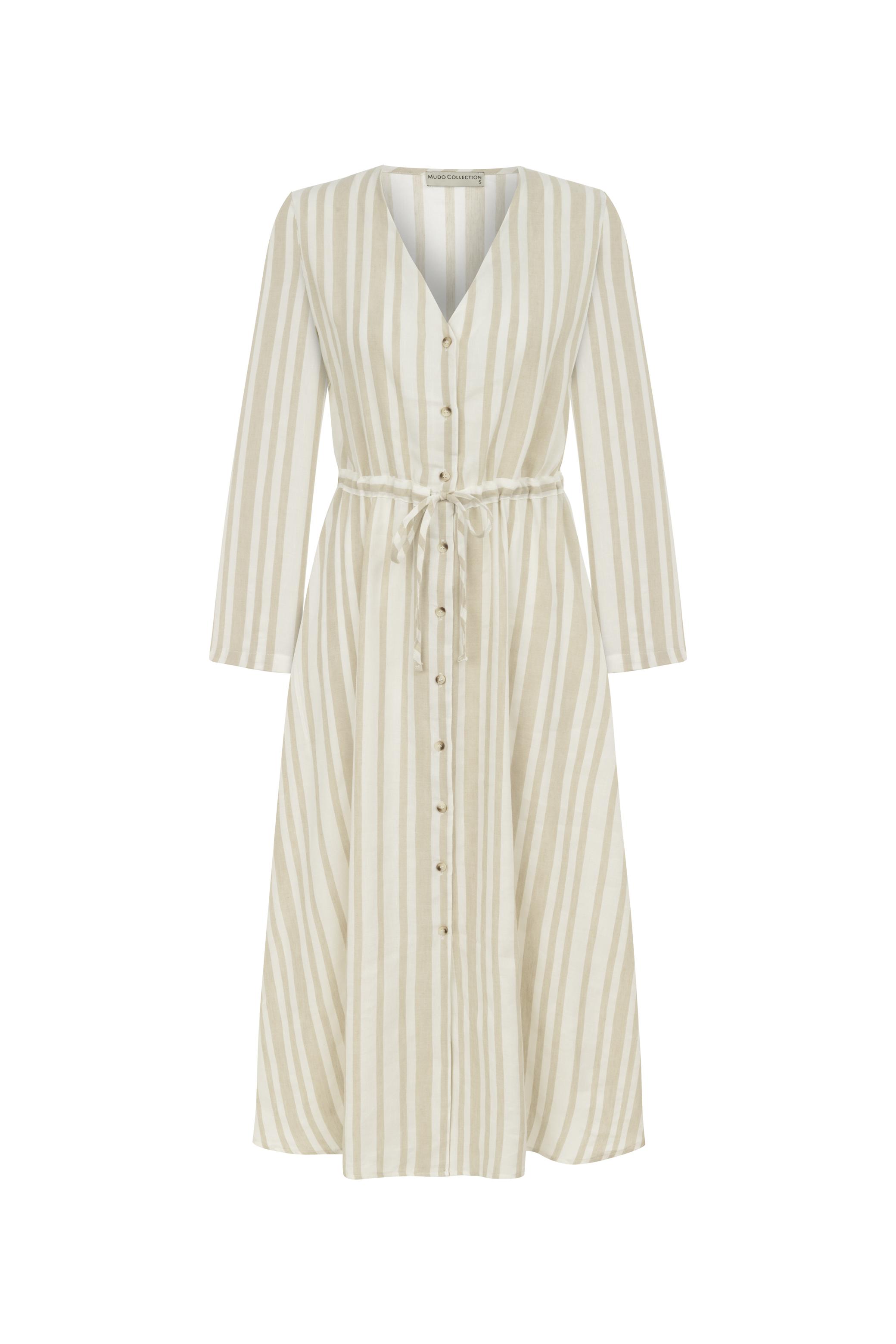 ÇİZGİLİ V YAKA A FORM MİDİ ELBİSE