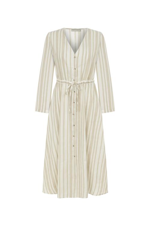  ÇİZGİLİ V YAKA A FORM MİDİ ELBİSE