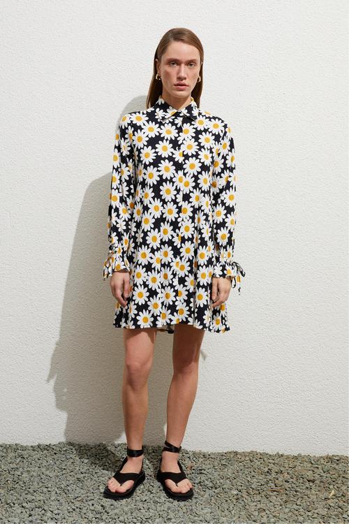  PAPATYA BASKILI A FORM MİNİ ELBİSE