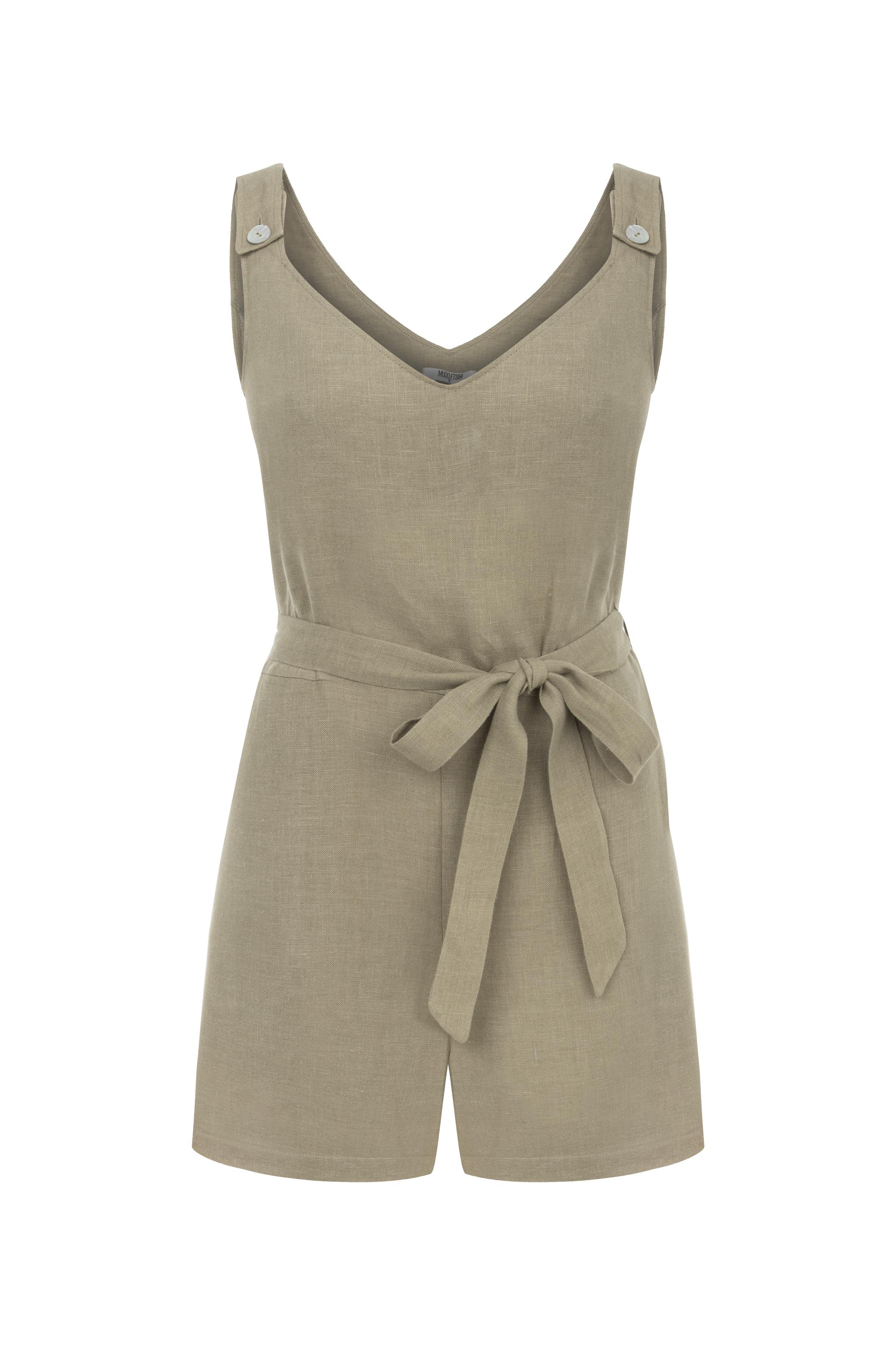 KUŞAKLI KOLSUZ MİNİ KETEN TULUM