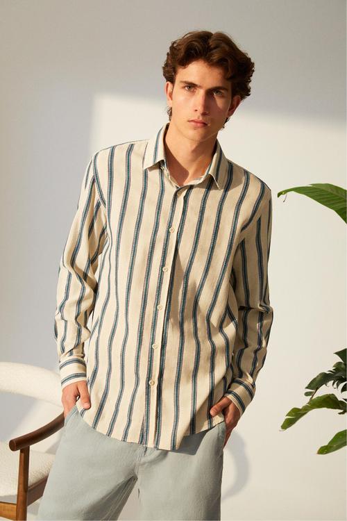  ÇİZGİLİ KETEN KARIŞIMLI REGULAR FIT GÖMLEK