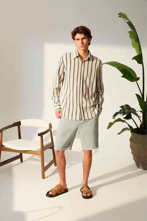  ÇİZGİLİ KETEN KARIŞIMLI REGULAR FIT GÖMLEK