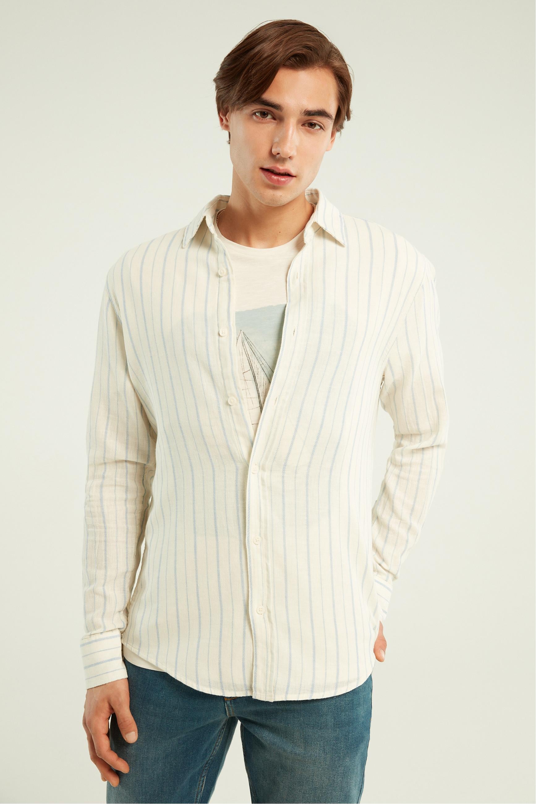 KETEN KARIŞIMLI ÇİZGİLİ REGULAR FIT GÖMLEK