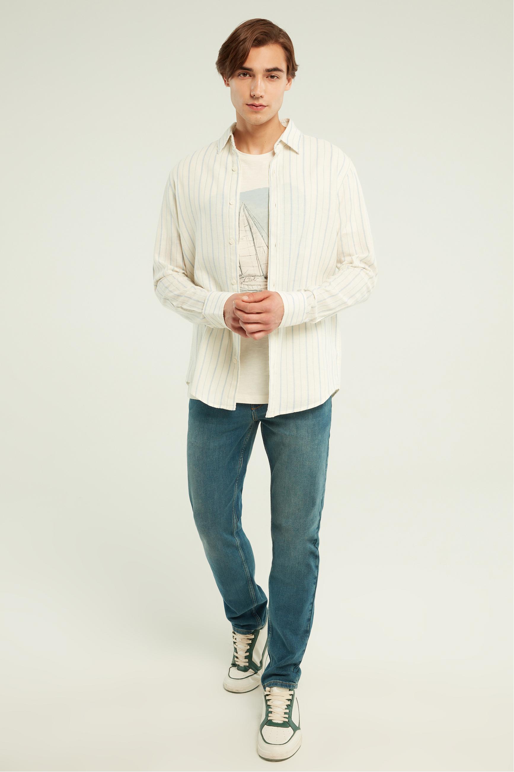 KETEN KARIŞIMLI ÇİZGİLİ REGULAR FIT GÖMLEK