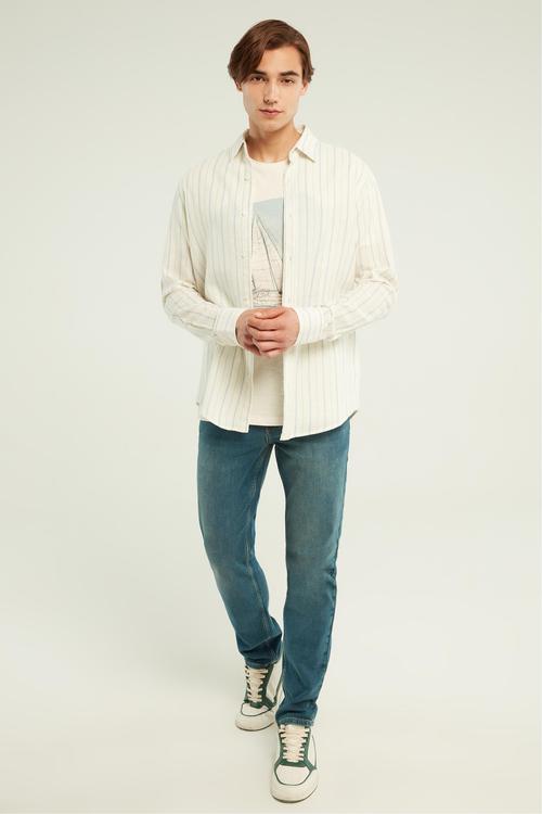  KETEN KARIŞIMLI ÇİZGİLİ REGULAR FIT GÖMLEK