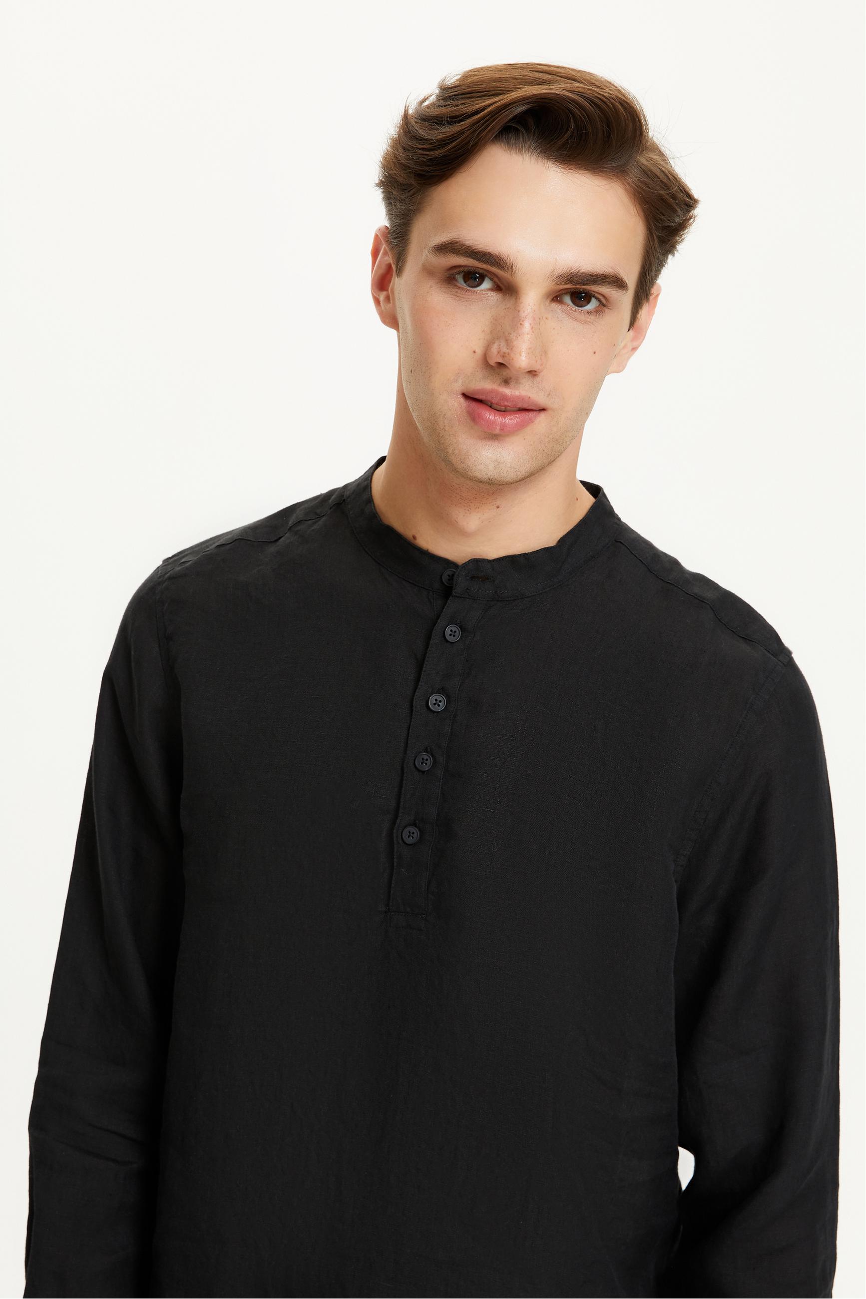 YARIM DÜĞMELİ HAKİM YAKA KETEN GÖMLEK