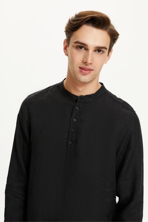  YARIM DÜĞMELİ HAKİM YAKA KETEN GÖMLEK