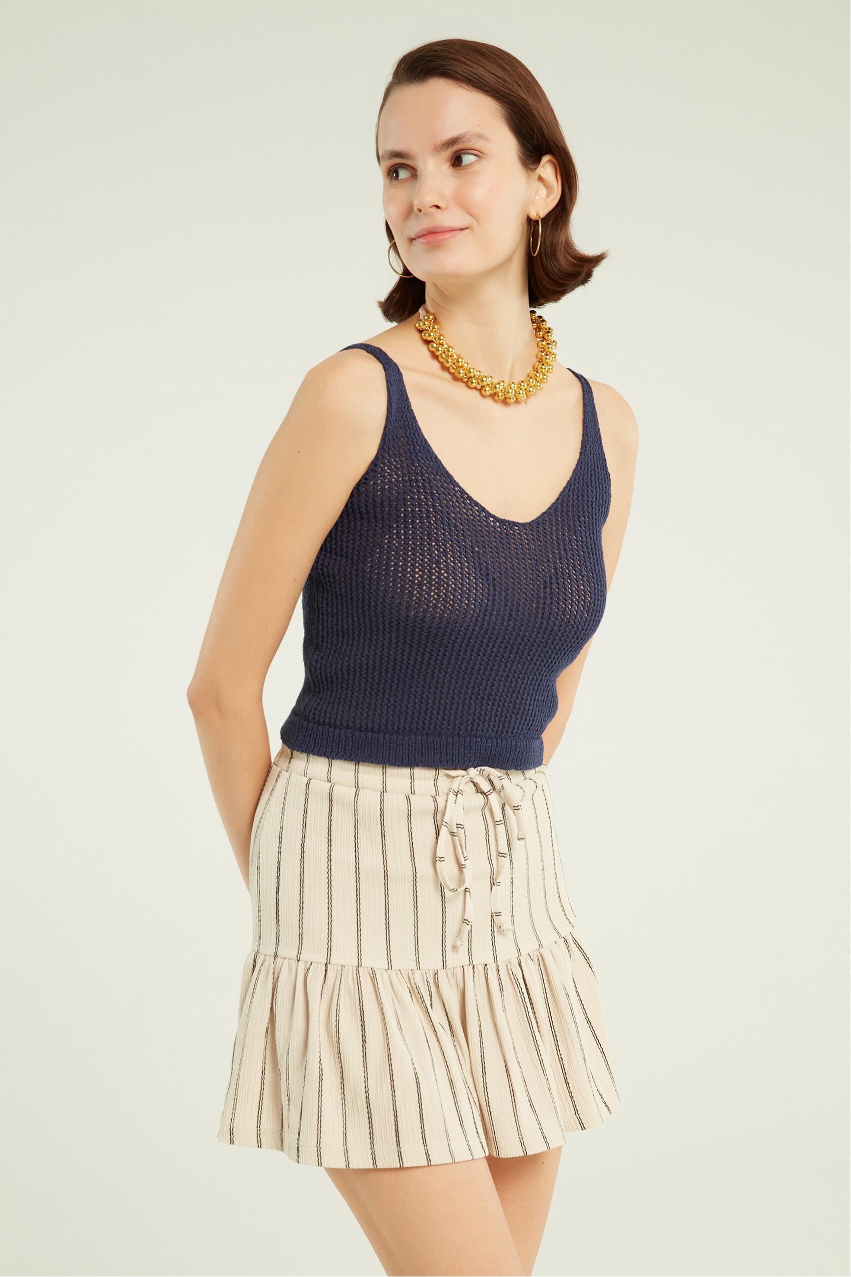 ÇİZGİLİ PİLELİ MİNİ KLOŞ ETEK