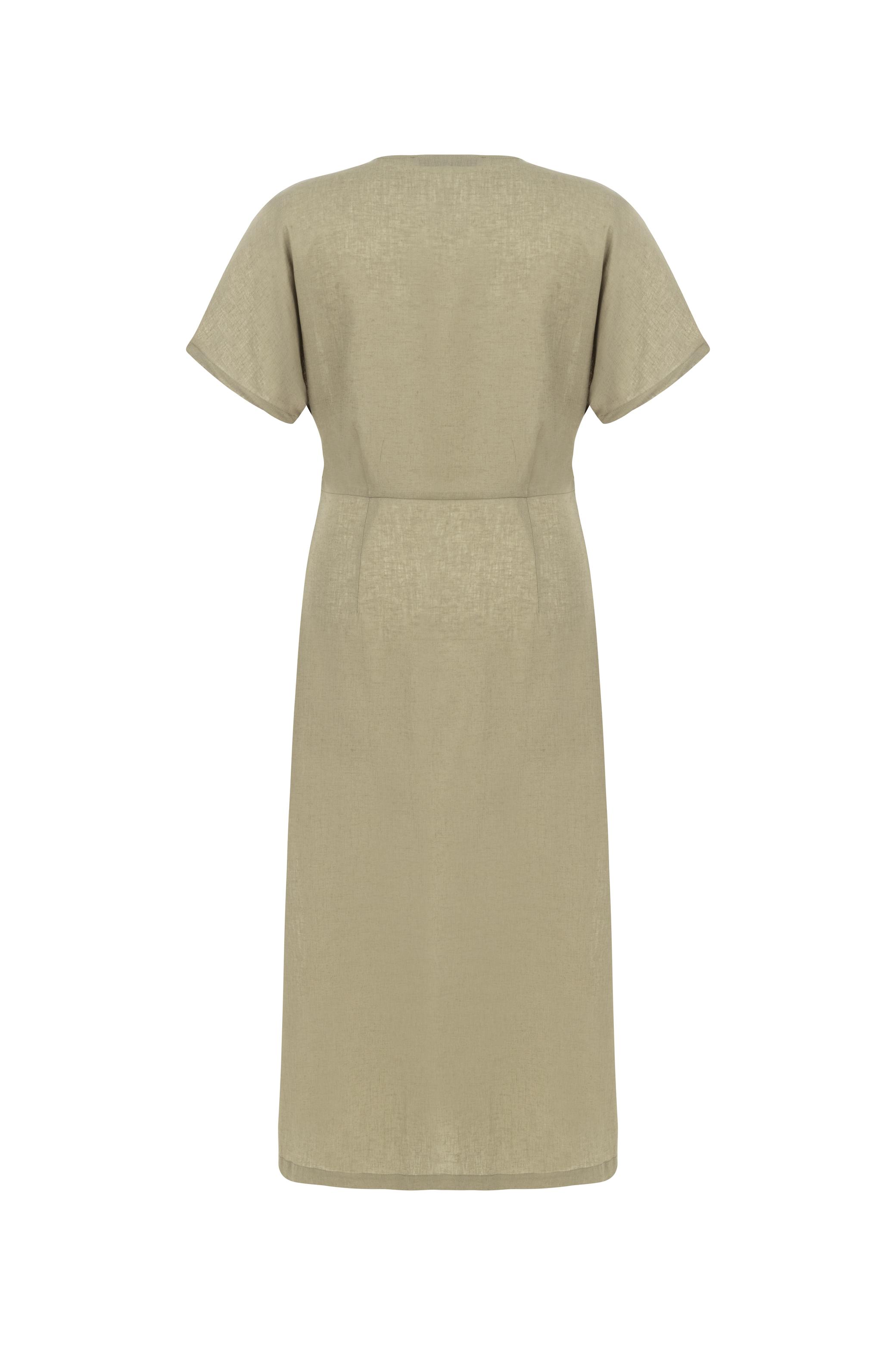 KETEN KARIŞIMLI KRUVAZE MİDİ ELBİSE