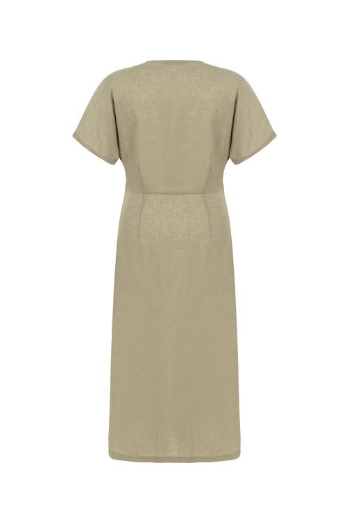  KETEN KARIŞIMLI KRUVAZE MİDİ ELBİSE