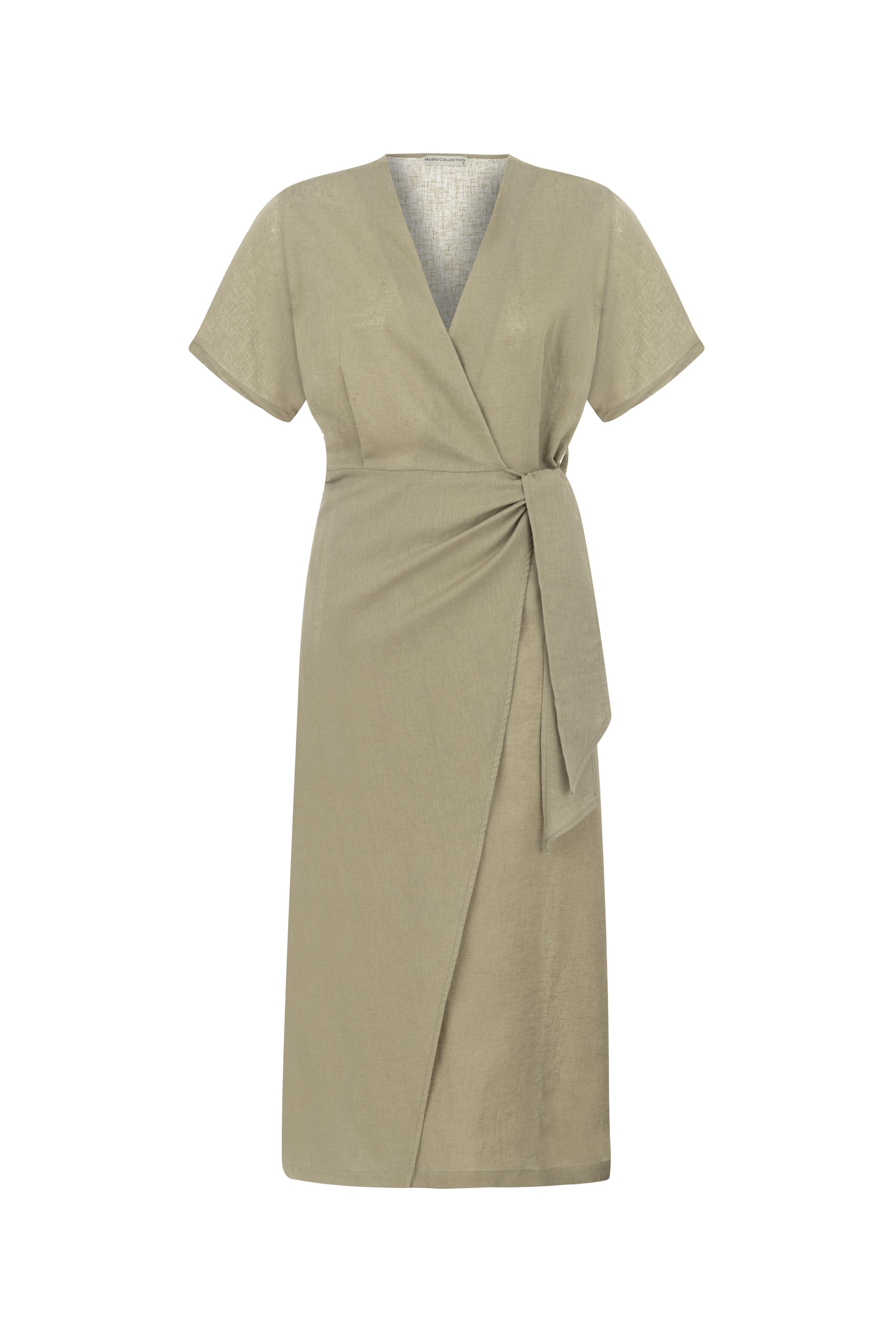 KETEN KARIŞIMLI KRUVAZE MİDİ ELBİSE