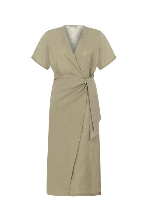  KETEN KARIŞIMLI KRUVAZE MİDİ ELBİSE