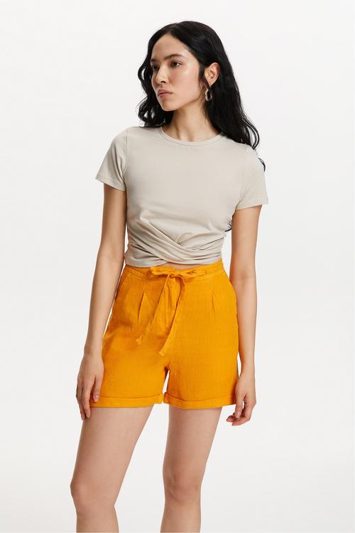  BAĞLAMA DETAYLI MİNİ KETEN ŞORT