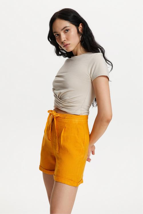  BAĞLAMA DETAYLI MİNİ KETEN ŞORT